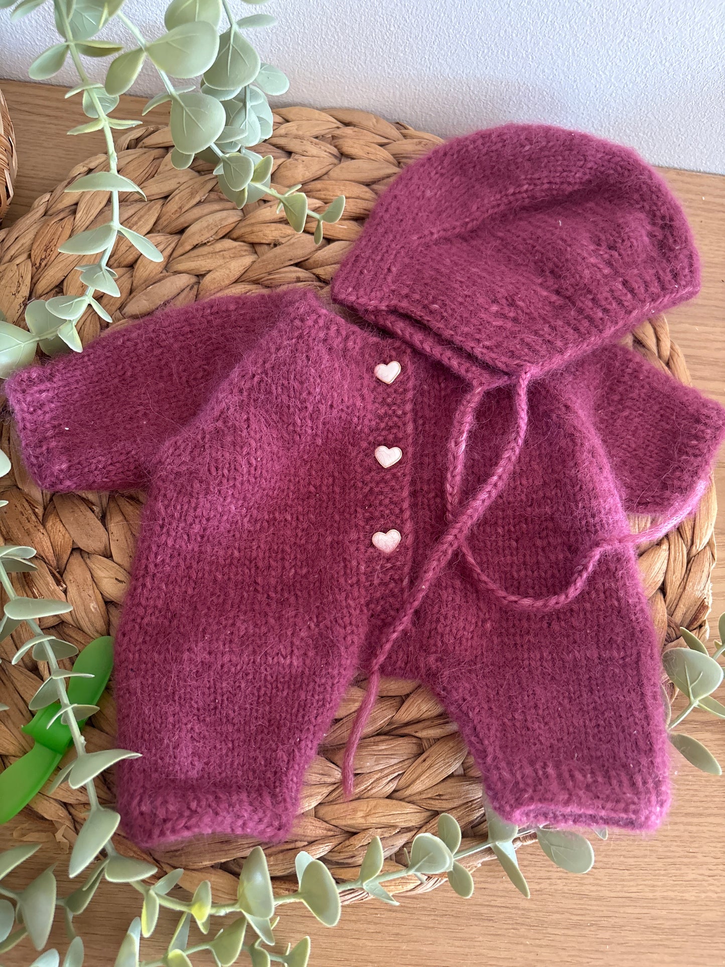 Ensemble Fait Main – Combi cœur chapeau & Bandeau Tricoté 🌸