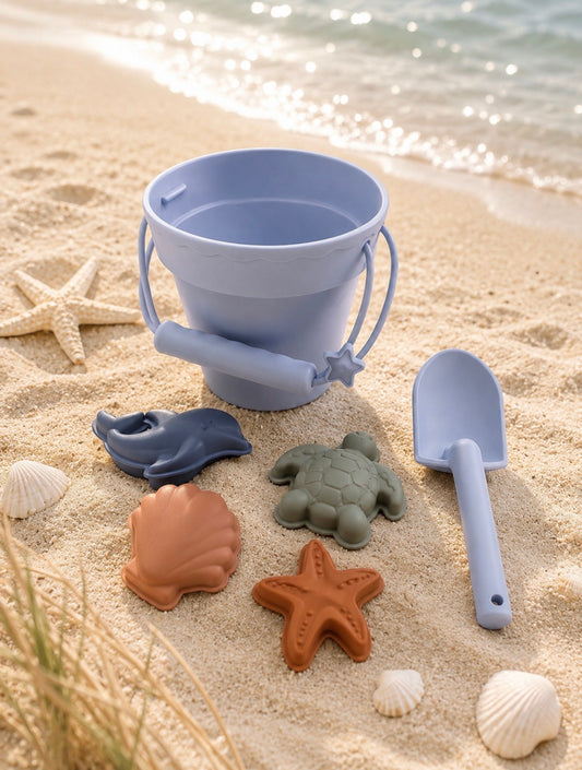 Jouets de plage en silicone (seau, pelle et 4 accessoires)
