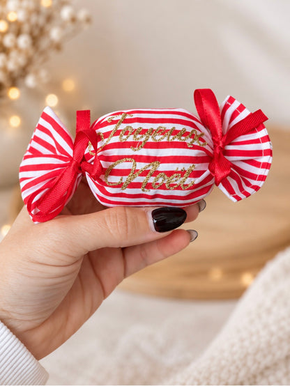 🍬 Bonbon décoratif de Noël en tissu – Rayures rouges