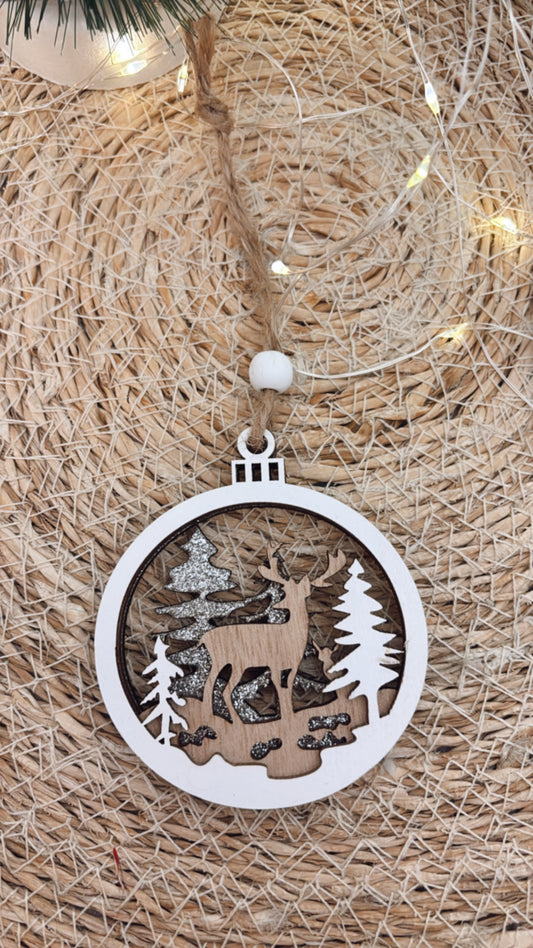 🎄 Suspension de Noël bois – Cerfs et sapins