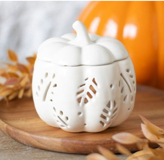 Brûleur Citrouille Blanc en Céramique – Motifs Feuilles