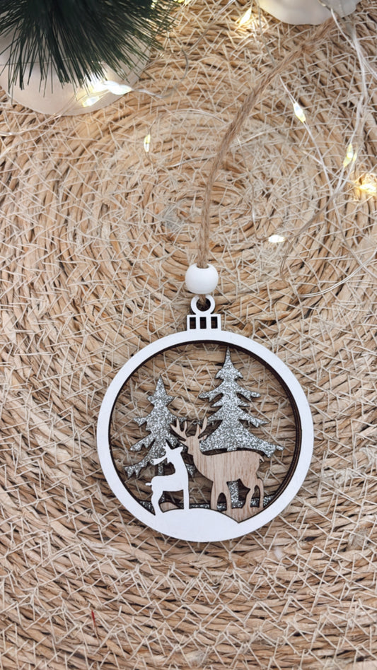 🎄 Suspension de Noël bois – Cerfs et sapins