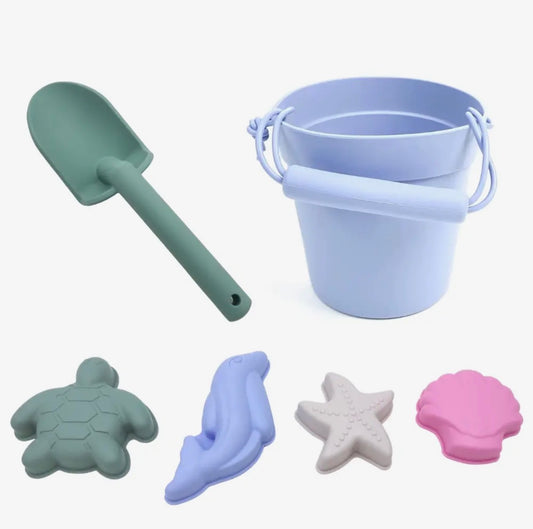 Jouets de plage en silicone (seau, pelle et 4 accessoires)