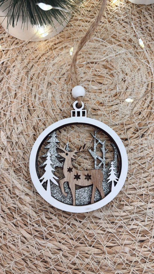 🎄 Suspension de Noël bois – Cerf et sapins