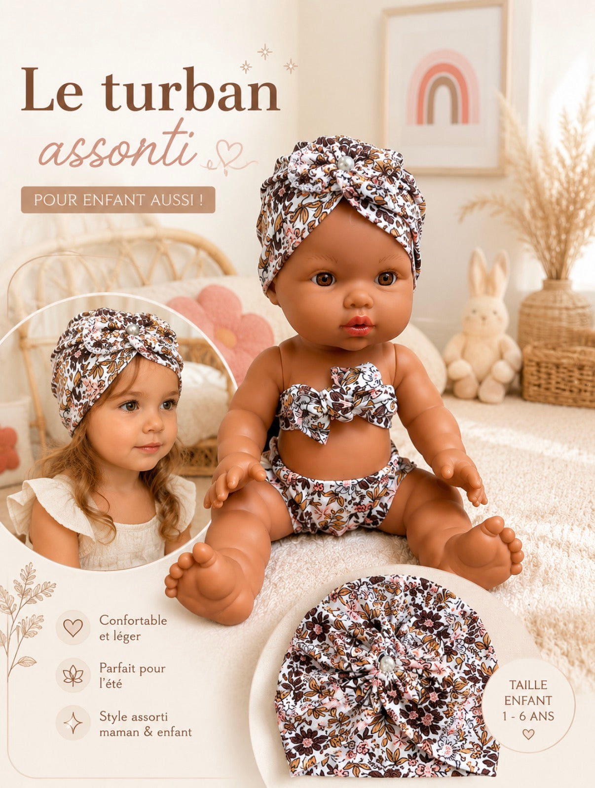 Ensemble maillot de bain & turban pour poupée 30 à 34 cm 💕