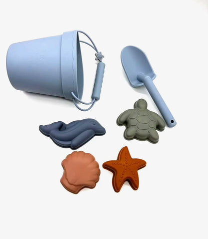 Jouets de plage en silicone (seau, pelle et 4 accessoires)