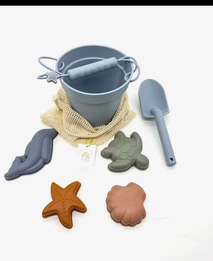 Jouets de plage en silicone (seau, pelle et 4 accessoires)