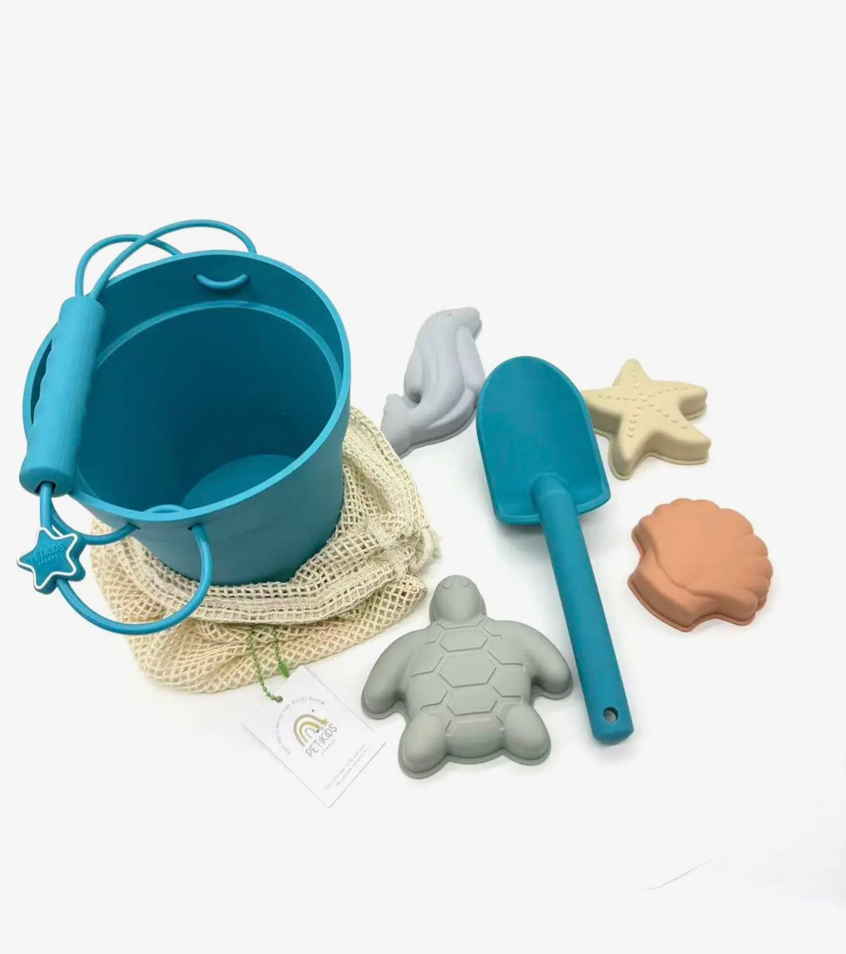 Jouets de plage en silicone (seau, pelle et 4 accessoires)