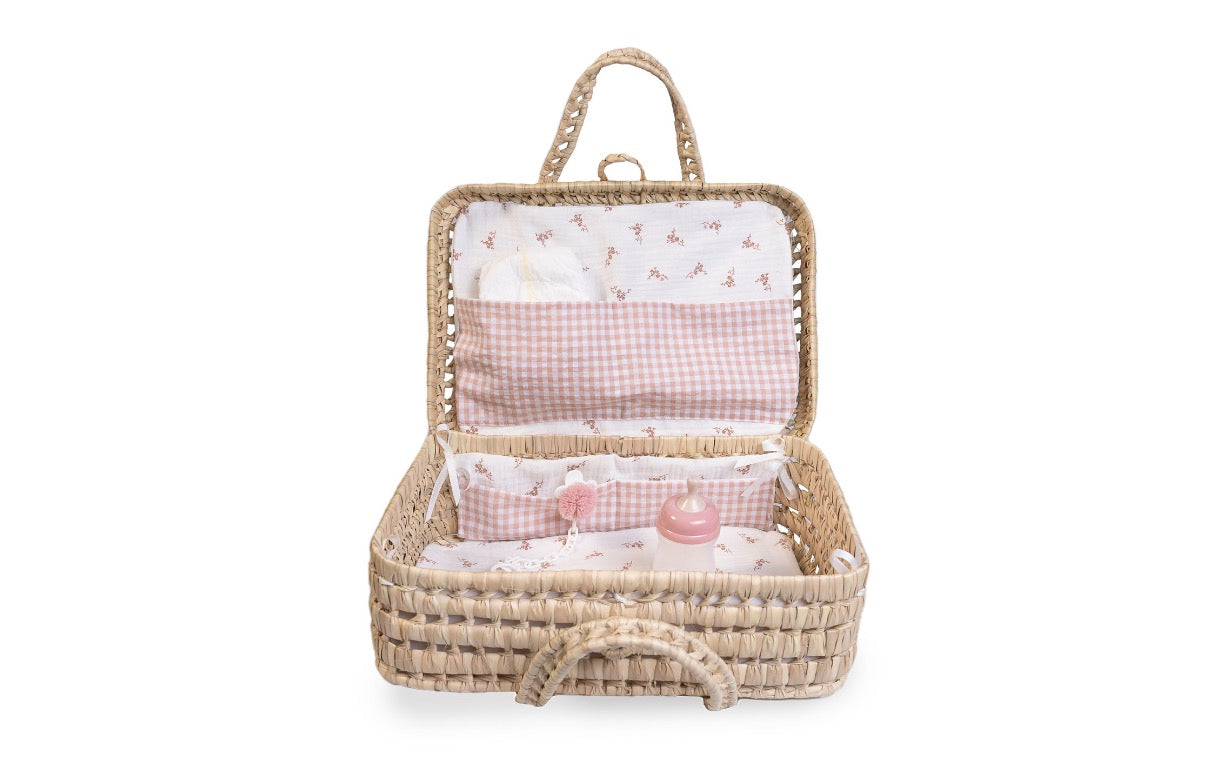 🧺 Valisette pour poupée en palmier – Fleurs & vichy
