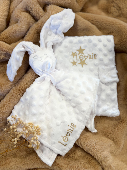 🤍 Doudou personnalisé – Modèle Lapin Minky blanc