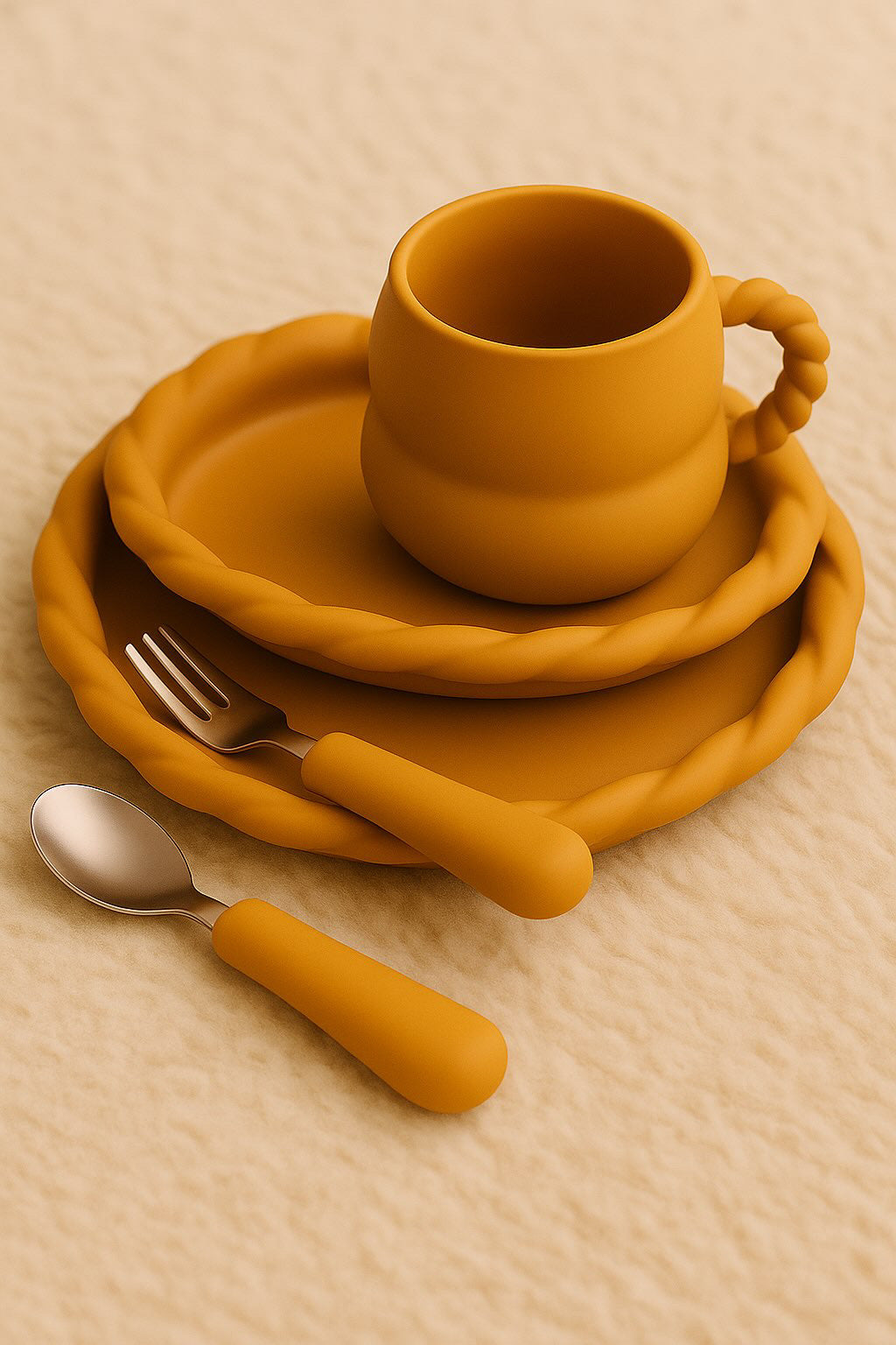 Set Repas Complet en Silicone - 2 Assiettes, Gobelet et Couverts