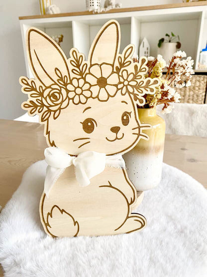 🌸 Lapin en bois fleuri – 30 cm