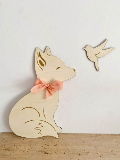 🦊 Renard & Oiseau en bois – 30 cm