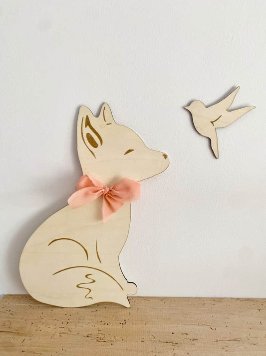 🦊 Renard & Oiseau en bois – 30 cm