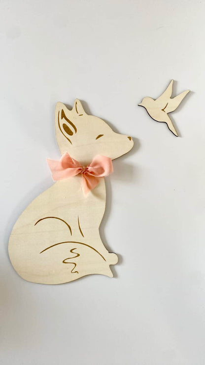 🦊 Renard & Oiseau en bois – 30 cm