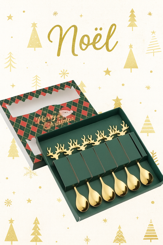 ✨ Set de 6 cuillères de Noël – Acier inoxydable doré