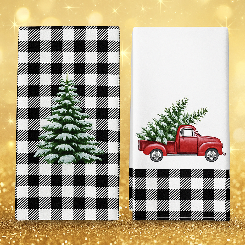 🖤 Ensemble de 2 torchons de Noël – Camion rouge & sapin enneigé