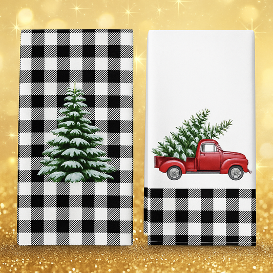 🖤 Ensemble de 2 torchons de Noël – Camion rouge & sapin enneigé