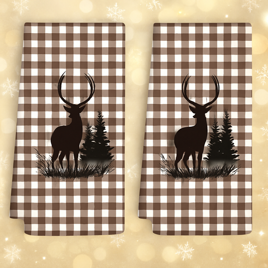 🦌 Lot de 2 torchons cerf – Esprit chalet & forêt d’hiver
