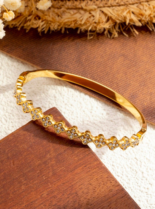 Bracelet jonc acier inoxydable avec zirconium scintillants et trèfle