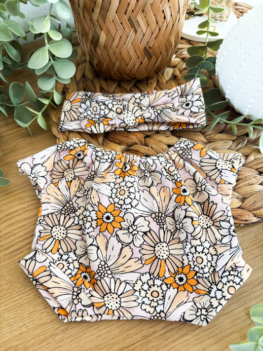 Douces fleurs - ensemble 2 pieces combi et bandeau