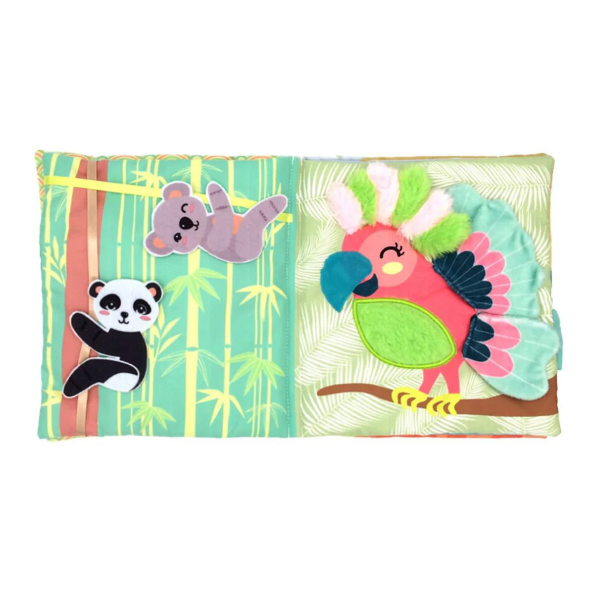 Livre d’éveil Montessori en tissu – Animaux, textures & miroir (0-2 ans)