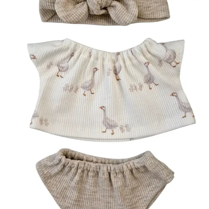 NINO 3 pièces T-shirt fille oie + culotte uni + bandeau uni