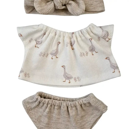 NINO 3 pièces T-shirt fille oie + culotte uni + bandeau uni