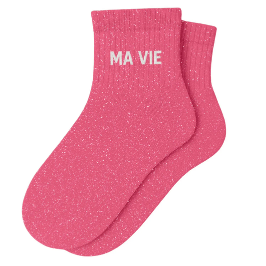 Chaussettes Courtes à Paillettes "Ma Vie" Rose Buble - Taille 36-40