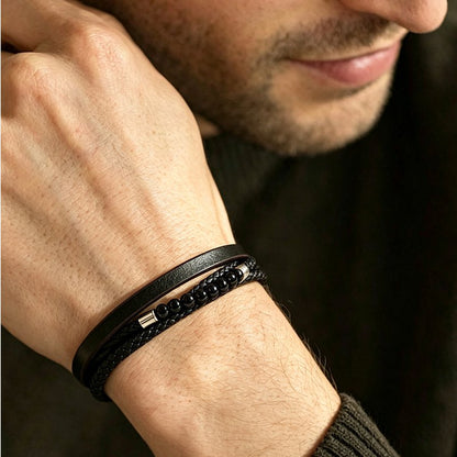 Bracelet multicouche pour hommes avec perles et cuir tressé