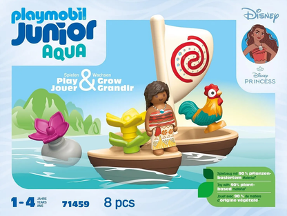 Playmobil 71459 Junior & Disney : Vaiana et Bateau à Voile - avec des Fleurs flottantes et Un Coq - Jouet fabriqué à partir de matière d'origine végétale - Dès 12 Mois