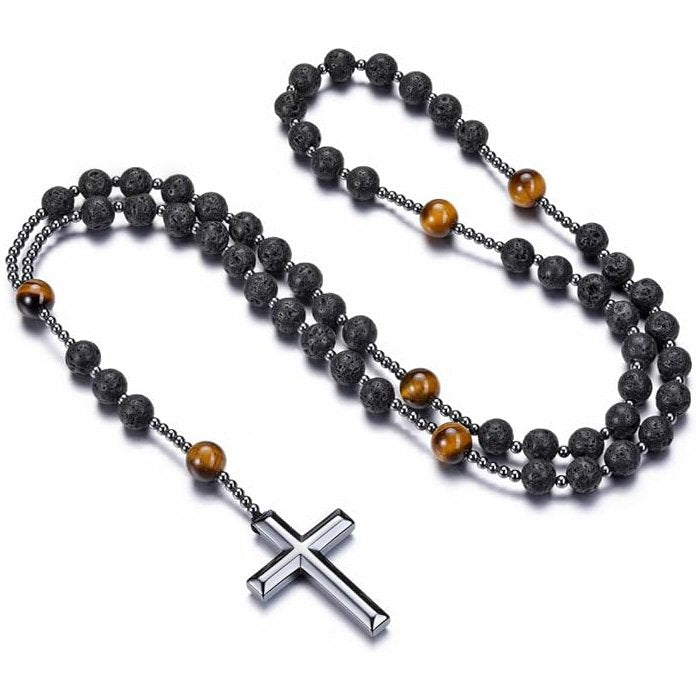Collier de chapelet en pierre pour hommes avec croix d'hématite