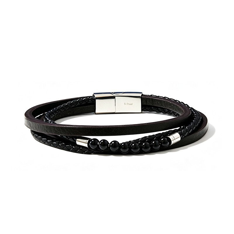 Bracelet multicouche pour hommes avec perles et cuir tressé