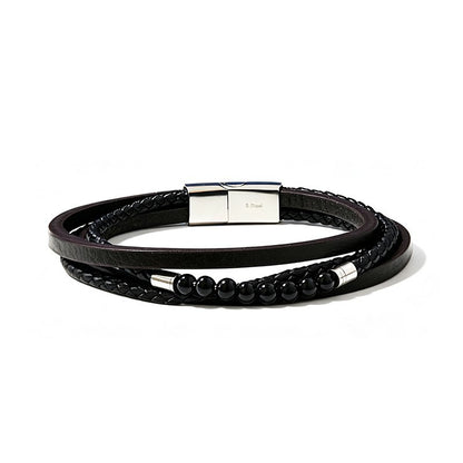 Bracelet multicouche pour hommes avec perles et cuir tressé