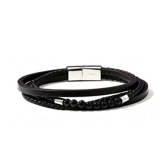 Bracelet multicouche pour hommes avec perles et cuir tressé
