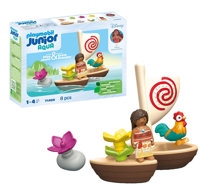 Playmobil 71459 Junior & Disney : Vaiana et Bateau à Voile - avec des Fleurs flottantes et Un Coq - Jouet fabriqué à partir de matière d'origine végétale - Dès 12 Mois