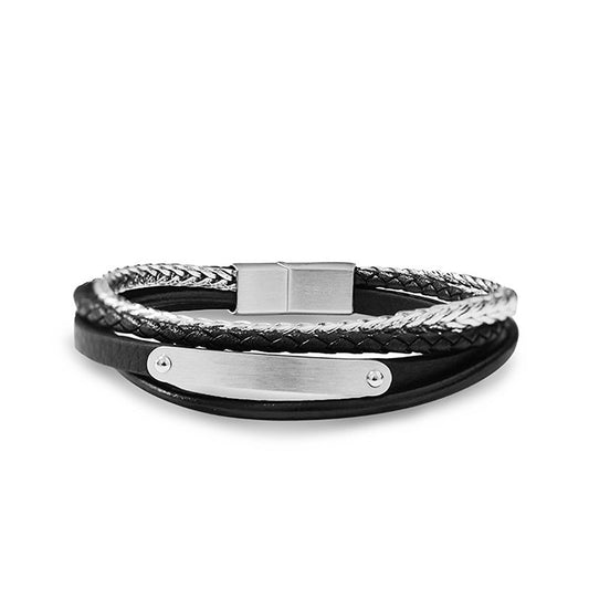 Bracelet multicouche en cuir et acier pour homme