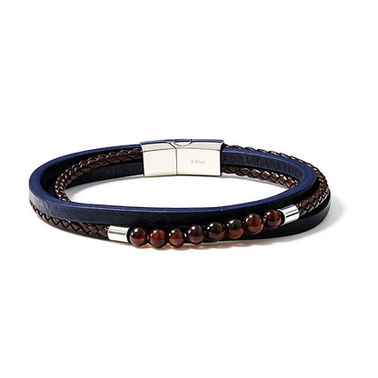 Bracelet multicouche pour hommes avec perles et cuir tressé