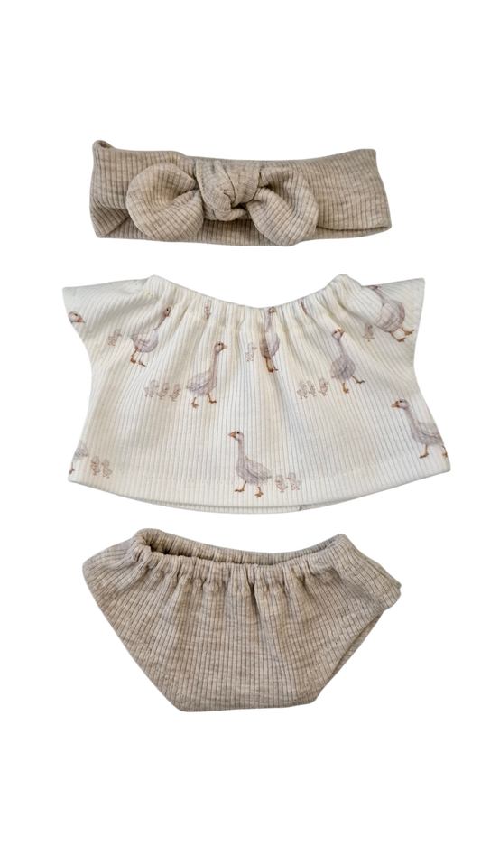NINO 3 pièces T-shirt fille oie + culotte uni + bandeau uni
