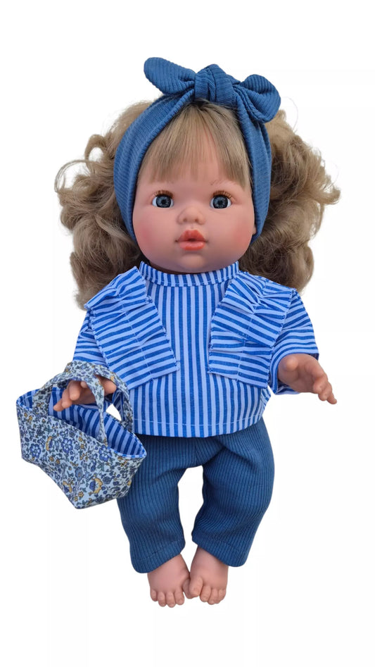 GARANCE chemisier froufrou rayé bleu + pantalon bleu + bandeau bleu